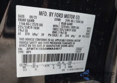 2021 Ford Mustang Mach-E Select z USA, uszkodzony, nr VIN 3FMTK1SS6MMA54817